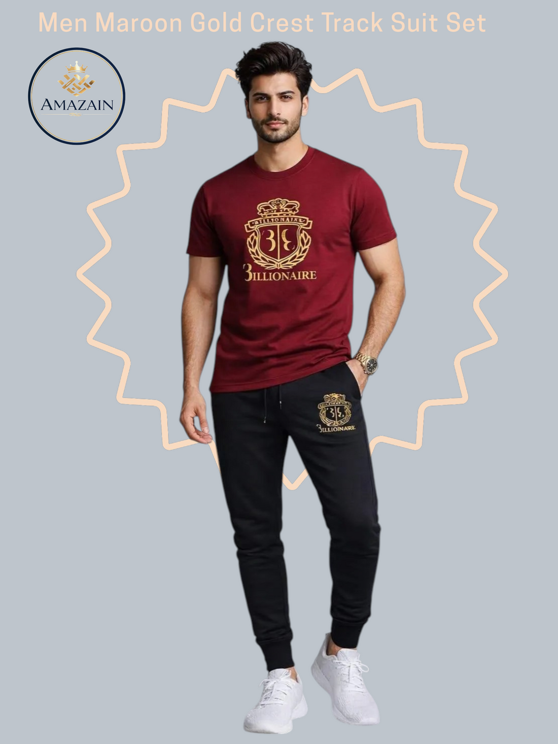 Men Maroon Gold Crest Track Suit Set